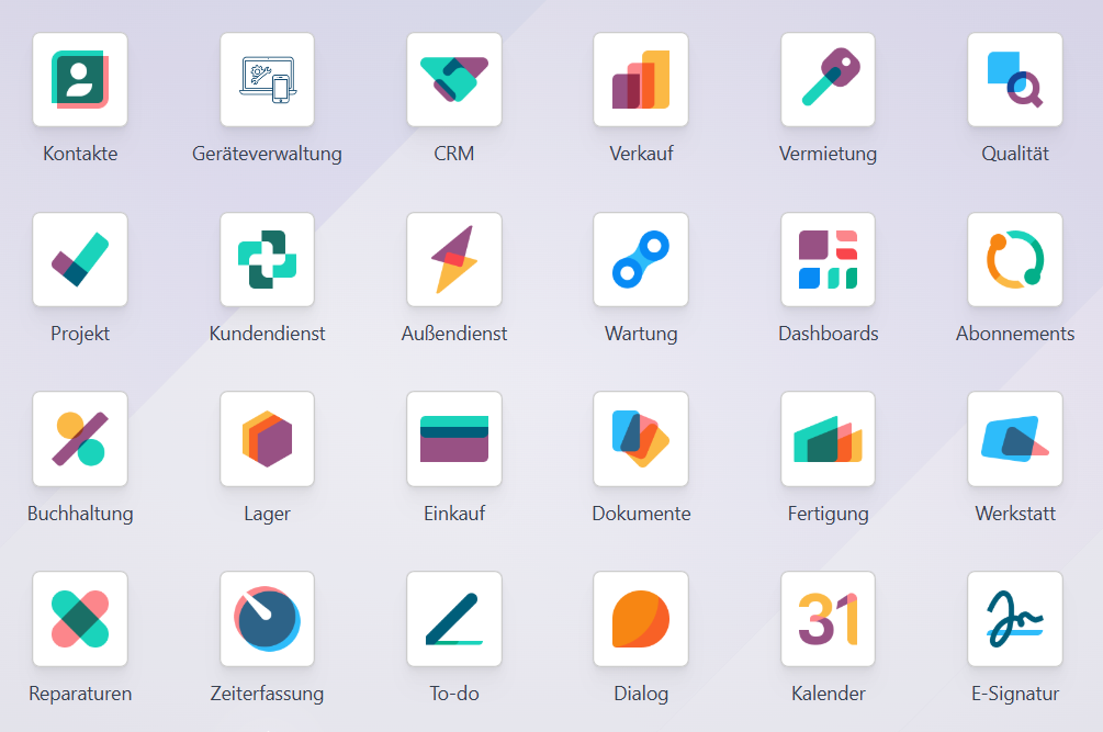 Dashboard einer Odoo Datenbank mit allen integrierten Modulen